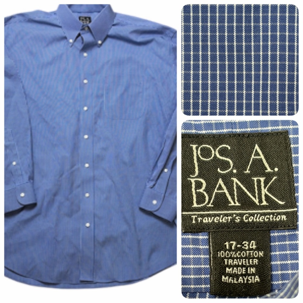 Jos. A. Bank Travelers Collection Check Button Down Blue Cotton Shirt